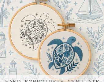 May include: Two wooden embroidery hoops with turtle designs. One hoop features a black outline, the other a blue embroidered turtle with floral details. The background is a light blue pattern with the text "Patterns And Stitches" and "HAND EMBROIDERY TEMPLATE".