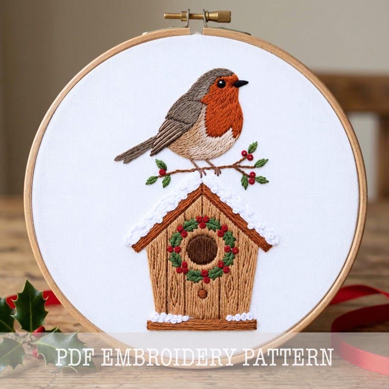 Robin Embroidery Pattern Christmas Robin Embroidery Pattern PDF Instant Download Bird Birdhouse ...