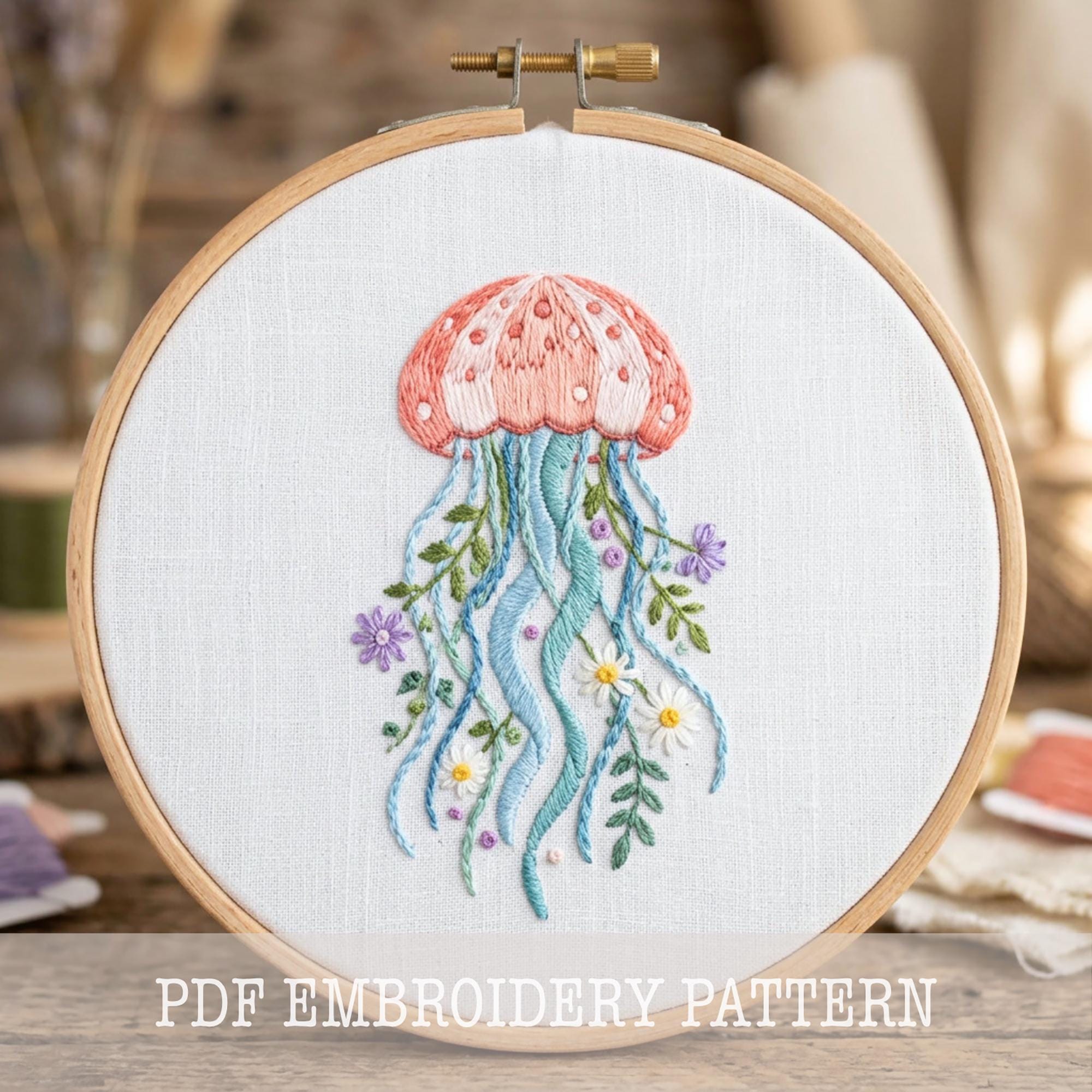 花柄クラゲの刺繍パターン：海のニードルポイントデザイン、印刷可能な
