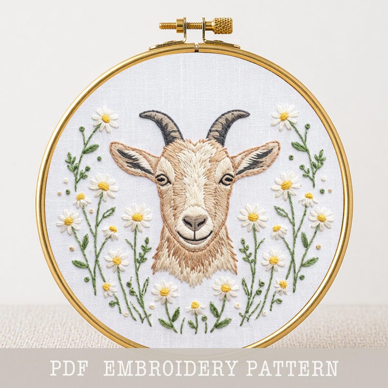 Goat Thread Goat Embroidery Pattern PDF Digital Download Daisy Floral Portrait Hoop ...