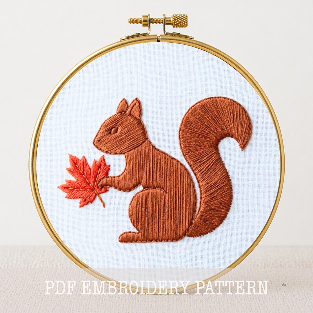 Fall Squirrel Embroidery Pattern: Floral Leaves Design, Hand Stitch ...