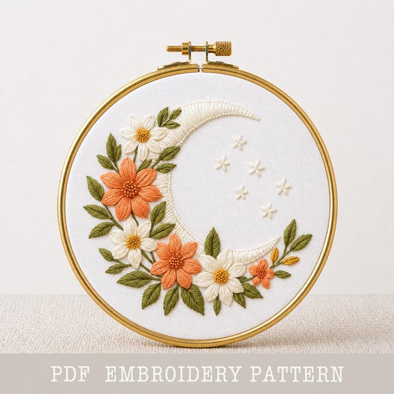 花と月の刺繍パターン：幻想的な天体デザイン（PDF） - Etsy 日本