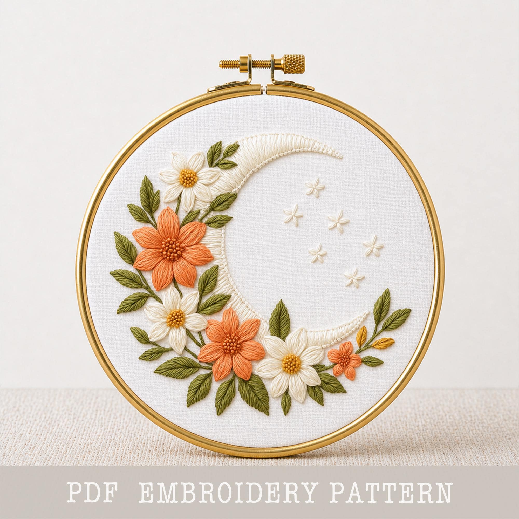 花と月の刺繍パターン：幻想的な天体デザイン（PDF） - Etsy 日本