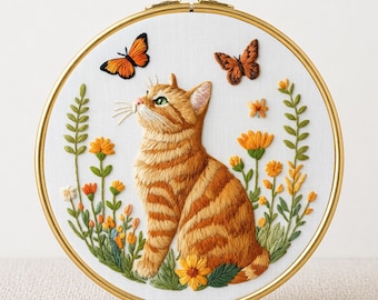 Cat and Butterflies Embroidery Pattern: Spring Garden DIY, 6 sizes, cat lovers gift idea, pet portrait (PDF Download) printable template