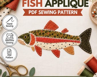 Trout Fish Applique Sewing Pattern, 7 Inch PDF + SVG Template, Beginner Friendly, Hand or Machine Stitch, DIY Fishing Gift