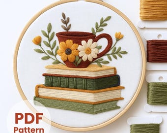 Floral Book Embroidery Pattern: Coffee Cup Design, modern craft (Digital Stitching File)