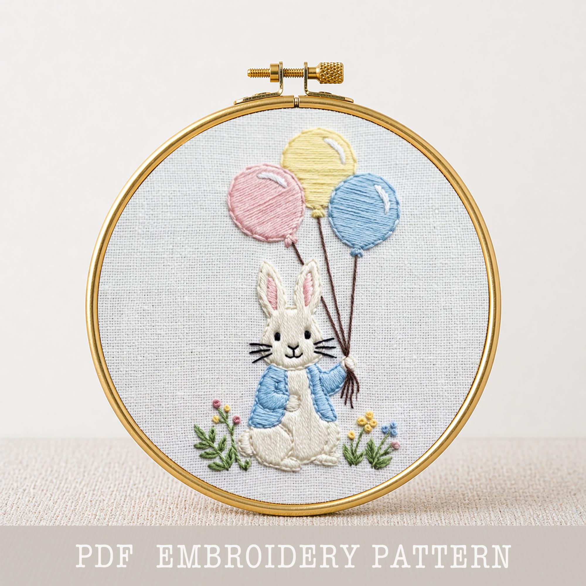 Bunny Balloon Embroidery Pattern PDF Dressed Rabbit Nursery Hoop Art ...