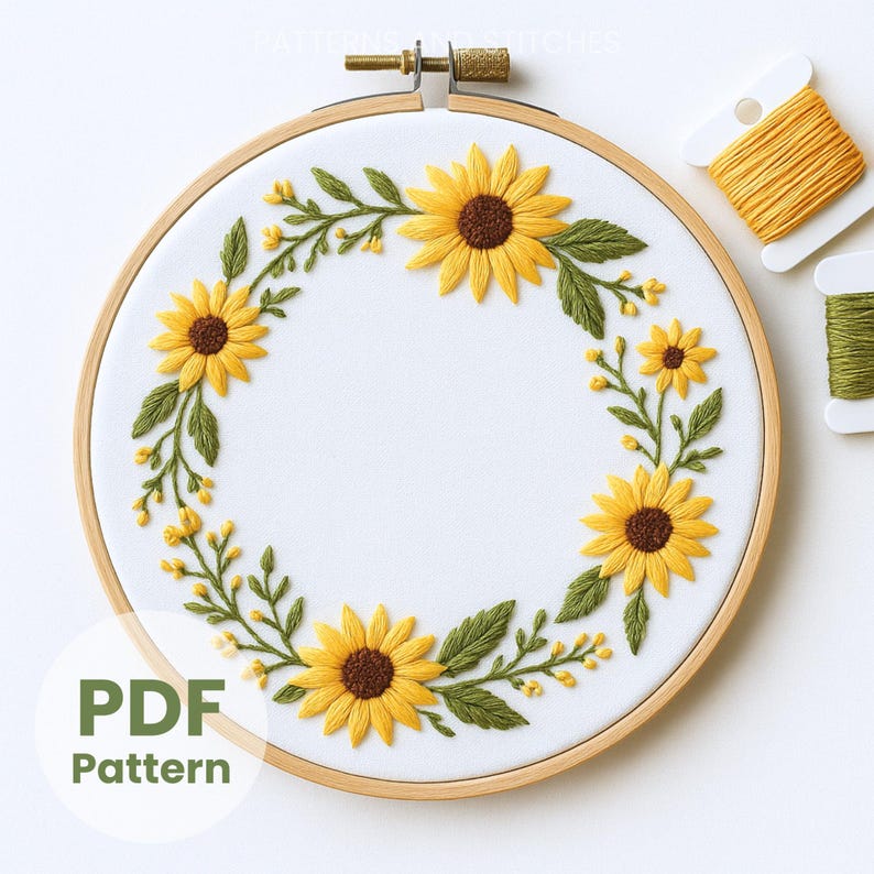 Sunflowers & Eucalyptus Embroidery Pattern: Summer Wreath Art, wall decor (PDF Template) image 11