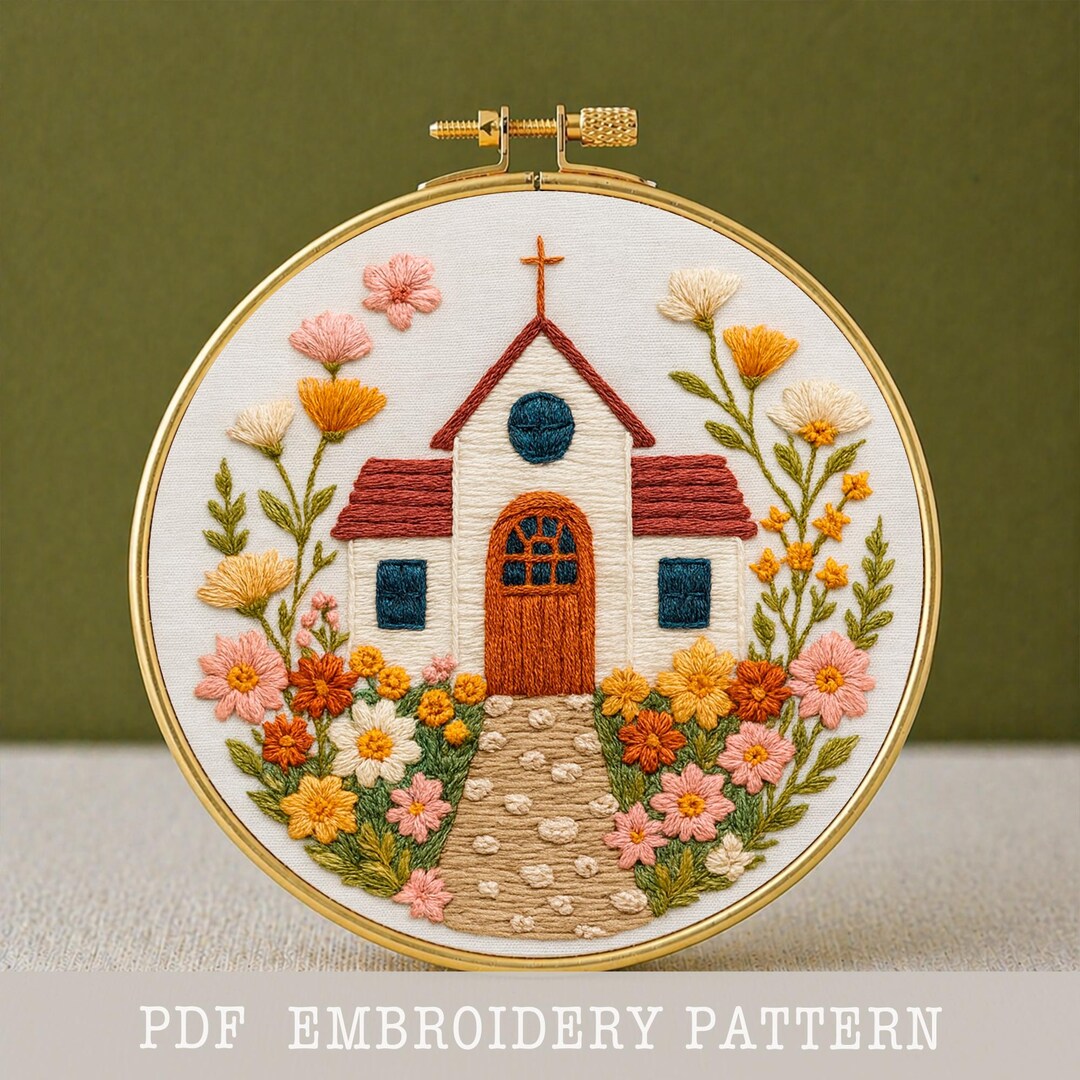 Christian Church Embroidery Pattern: Religious Floral Design, Hand ...