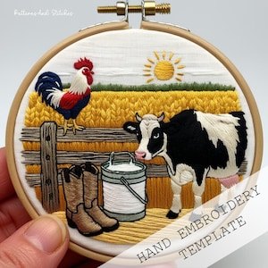 Animals on a Farm Embroidery Pattern – Farmyard Hand Embroidery Design – Country Animal Hoop Art – Rustic Farm Decor & Gift, Cow embroidery
