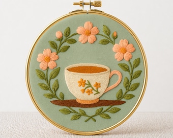 Vintage Teacup Embroidery Pattern: Beginner Friendly DIY Decor (Digital Pattern)