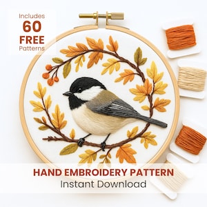 Patrón de bordado a mano de pájaro otoñal: Pintura con aguja para principiantes, decoración otoñal (descarga instantánea)