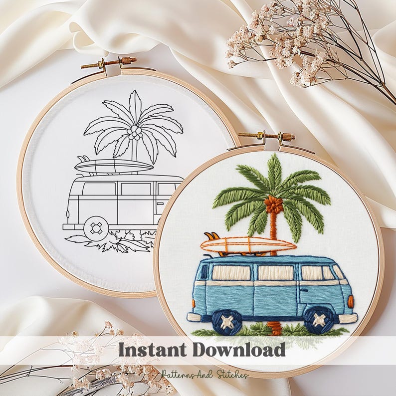 Simple Custom Van Patterns Vintage Camper Van Embroidery Pattern: Retro Floral Car (digital ...
