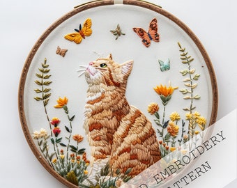 Cat and butterflies Embroidery, Cute Cat Embroidery, Cat Lover Gift,  Modern Cat Embroidery, spring garden, spring decor, DIY cat silhouette