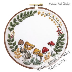 Mushrooms wreath, Fall Foliage Embroidery template, Needlepoint Craft, DIY Hand Embroidery, Embroidery art, autumn embroidery, autumn craft