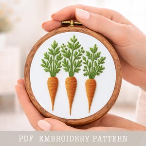 Pode incluir: Obra de arte bordada com três cenouras laranja com copas verdes, sobre um fundo branco dentro de um bastidor de bordado de madeira. O texto "PDF EMBROIDERY PATTERN" é exibido na parte inferior da imagem.