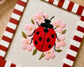 Patrón de bordado de mariquita en PDF, descarga digital, diseño floral de insectos, arte en bastidor para principiantes, puntada satinada, decoración de pared, manualidades de primavera, imprimible.