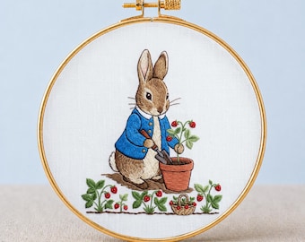 Peter Rabbit Strawberry Garden Embroidery PDF Berry Garden Hoop Art Summer Kitchen Decor Fruit Grower Gift Grandma Hobby Printable Template