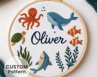 Custom Ocean Animal Embroidery Pattern Sea Life Nursery Decor PDF Downloadable Design 6 Sizes