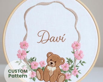 Personalised name Teddy Bear embroidery pattern baby nursery decor instant download custom sign