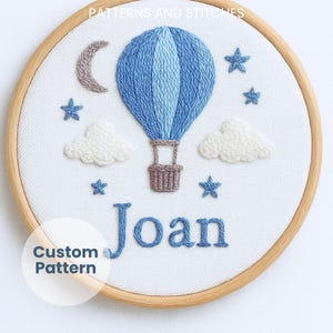 Custom Hot Air Balloon Embroidery, Nursery decor, Hand Embroidery pattern, boy room decor, Baby Shower Gift, Newborn gift, Baby Name Sign