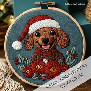 Christmas Dog Embroidery Pattern, Santa Hat Puppy Hoop Art, Holiday Floral Stitch PDF, DIY Festive Pet Decor, Instant Download, DIY Template