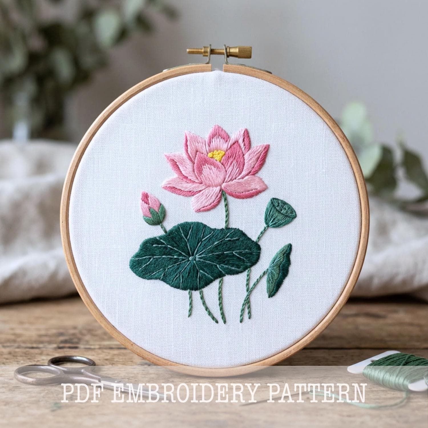 Lotus Flower Embroidery Pattern: Colorful Floral Meadow, Hoop Art 