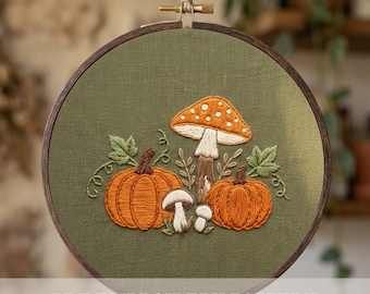 Pumpkin And Mushroom Embroidery Pattern Autumn PDF Digital Download Beginner Friendly Hand Stitch Designs Fall Hoop Art Printable Wall Decor