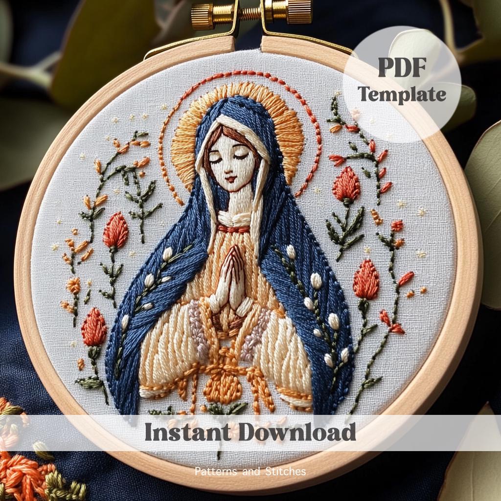 Virgin Mary embroidery Pattern, Digital Download, hand embroidery, Religious Crafts, Cross Stitch Art, Modern embroidery Pattern, hoop art
