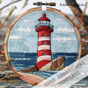 Lighthouse Embroidery Pattern: Coastal Decor, Beginner Hand Embroidery, summer crafts (PDF)