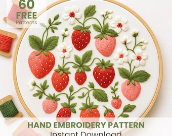 Strawberries Embroidery Pattern, PDF Download, Cute Strawberry Decor, Kitchen Embroidery Design, Strawberry Embroidery, DIY Kitchen Decor