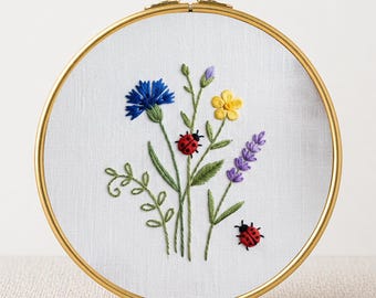 Wildflower Meadow Embroidery PDF Cornflower Lavender Ladybug Hoop Art Printable Instant Download Cottagecore Spring Decor Needlework