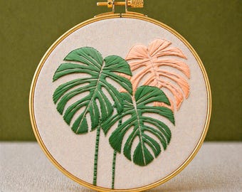Modello PDF per ricamo di foglie di Monstera, ricamo botanico tropicale, ricamo moderno a mano, file decorativo, modello per piante da interno, decorazione in stile rustico