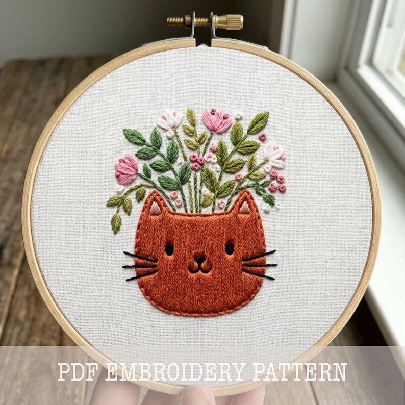 Cat Flower Pot Embroidery Pattern PDF Digital Download Whimsical Floral ...