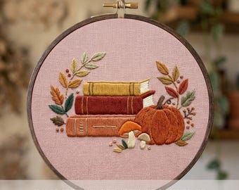 Pumpkin Books Embroidery Pattern PDF,  Autumn Fall Hoop Art,  Mushroom Cottagecore Design, Bookish File, read stitch template