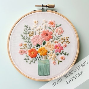 Design de bordado de jarra de flores, bordado de presente floral, arte de bordado de flores simples, padrão de bordado floral presente para mamãe, artesanato de primavera