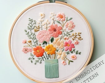 Flowers jar Embroidery Design, Floral Gift Embroidery, Simple Flowers Embroidery art, Floral Embroidery Pattern Gift For Mom, spring crafts