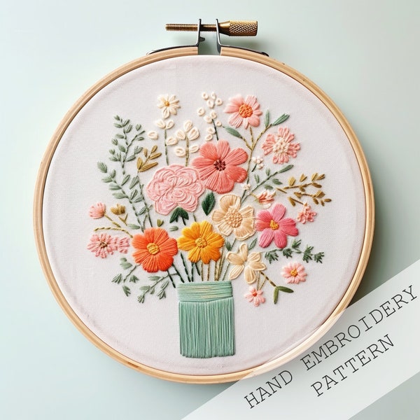 Flowers jar Embroidery Design, Floral Gift Embroidery, Simple Flowers Embroidery art, Floral Embroidery Pattern Gift For Mom, spring crafts