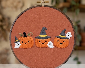 Pumpkin Trio Embroidery Pattern Halloween Witch Hat Ghost Design Digital Download PDF Color Guide Six Sizes Beginner Hoop Wall Nursery Decor