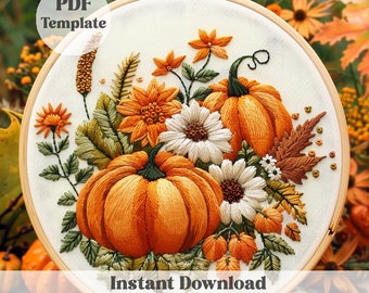 Floral Pumpkin Embroidery Pattern: Autumn Design, Needlework (PDF Pattern)