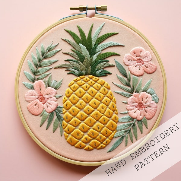 Tropical Embroidery Pattern, PDF Download, Cute pineapple DIY, Fruit Embroidery art, Pineapple Embroidery, Kitchen Decor, Crafts For Adults