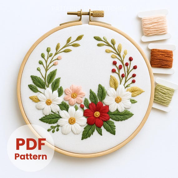 冬のリース 冬のリース刺繍パターン：花柄クリスマスデザイン、すぐにダウンロード