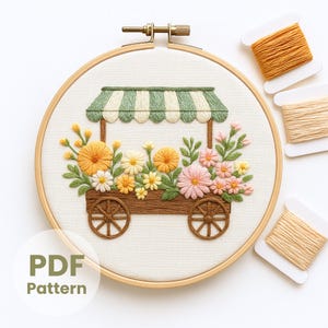 Flower Cart Embroidery Pattern: DIY Floral Stand, digital file (PDF Pattern)