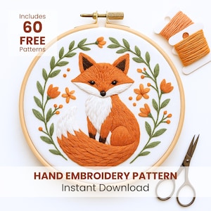 Floral Fox Embroidery Pattern: Woodland Animal DIY Needlework, craft idea (PDF Download, 6 Sizes)