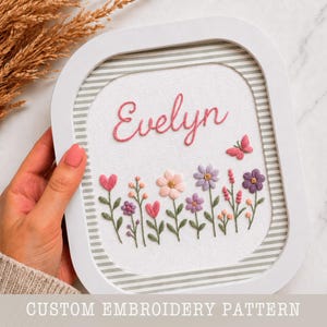 Può includere: Opera d'arte ricamata in una cornice bianca. Il design presenta il nome "Evelyn" in corsivo rosa sopra una fila di fiori ricamati colorati e una farfalla. Lo sfondo ha un motivo a strisce e il testo "CUSTOM EMBROIDERY PATTERN" è in basso.