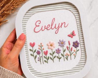 Custom Baby Name Embroidery Pattern: Wildflower Nursery Decor, baptism hoop (PDF Pattern