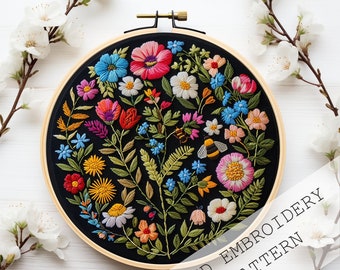 Colorful Wildflowers Embroidery Pattern, Beginner friendly, PDF embroidery pattern, DIY embroidery, Flower Embroidery art, DIY spring crafts