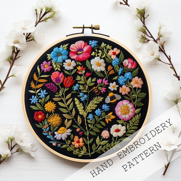 Kleurrijk Wildflowers-borduurpatroon, beginnersvriendelijk, PDF-borduurpatroon, DIY-borduurwerk, bloemborduurkunst, DIY-lenteambachten