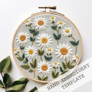 Modello per ricamo Daisies Garden, ricamo botanico, modello PDF, ricamo su telaio, artigianato primaverile, file digitale, adatto ai principianti