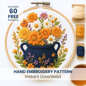 Patrón de bordado de caldero de bruja: diseño floral otoñal, bordado (descarga en PDF, 6 tamaños)